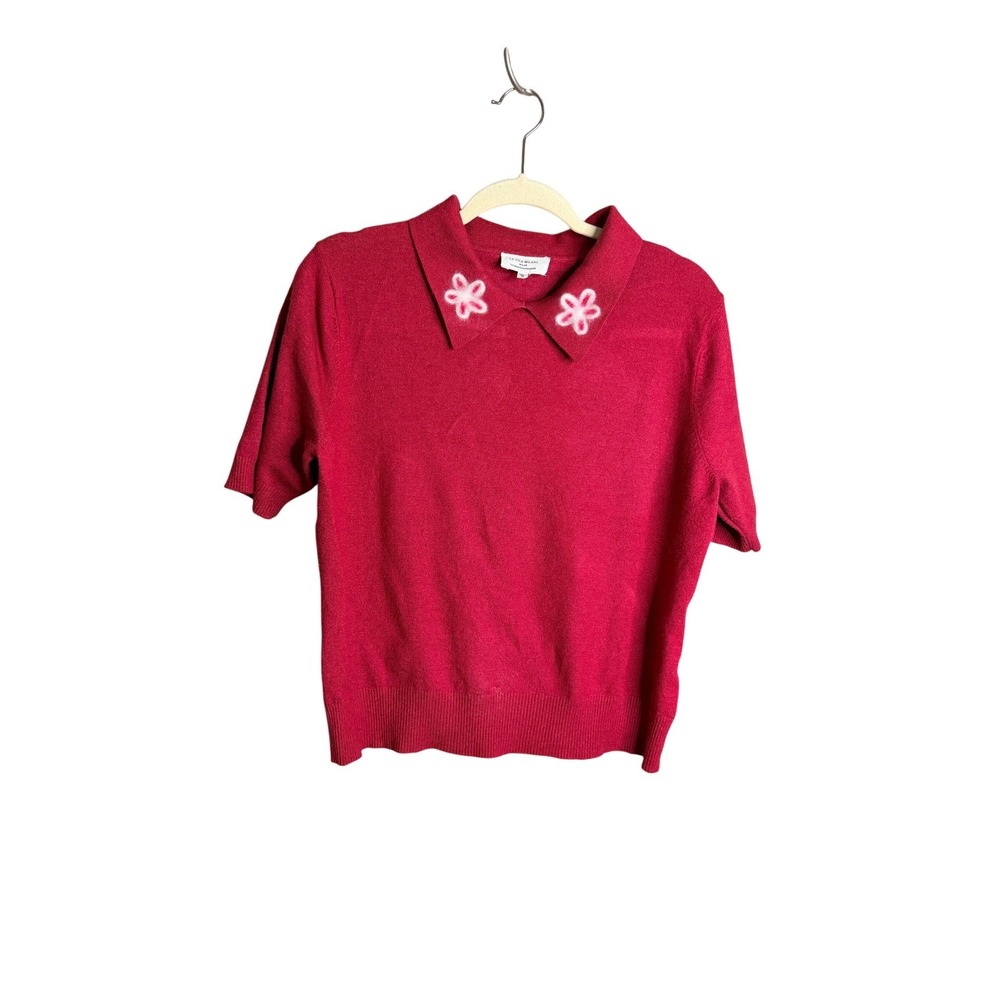 La Vila Milano Pink Flower Collar Short Sleeve Polo Sweater Knit Top Large - Picture 2 of 7